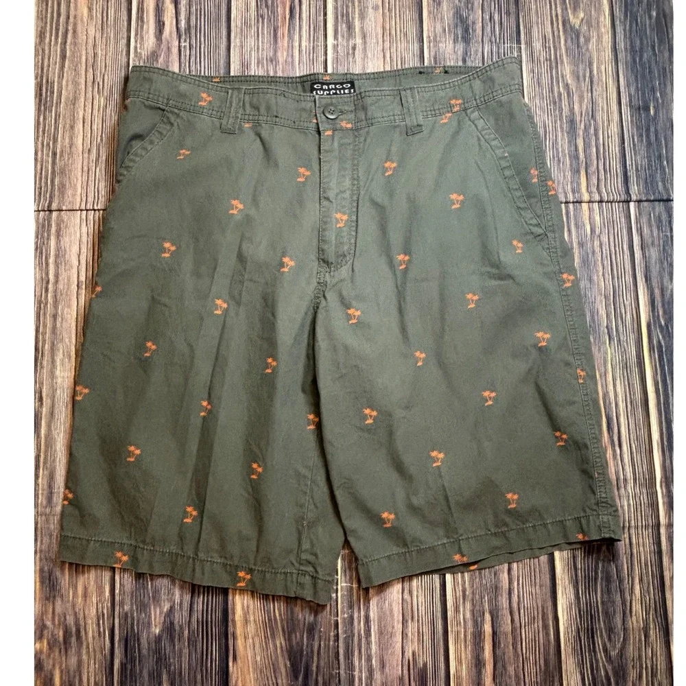 Cargo Supplies Mens Cotton Shorts Size 38 Olive Green Palm Tree Print Tropical
